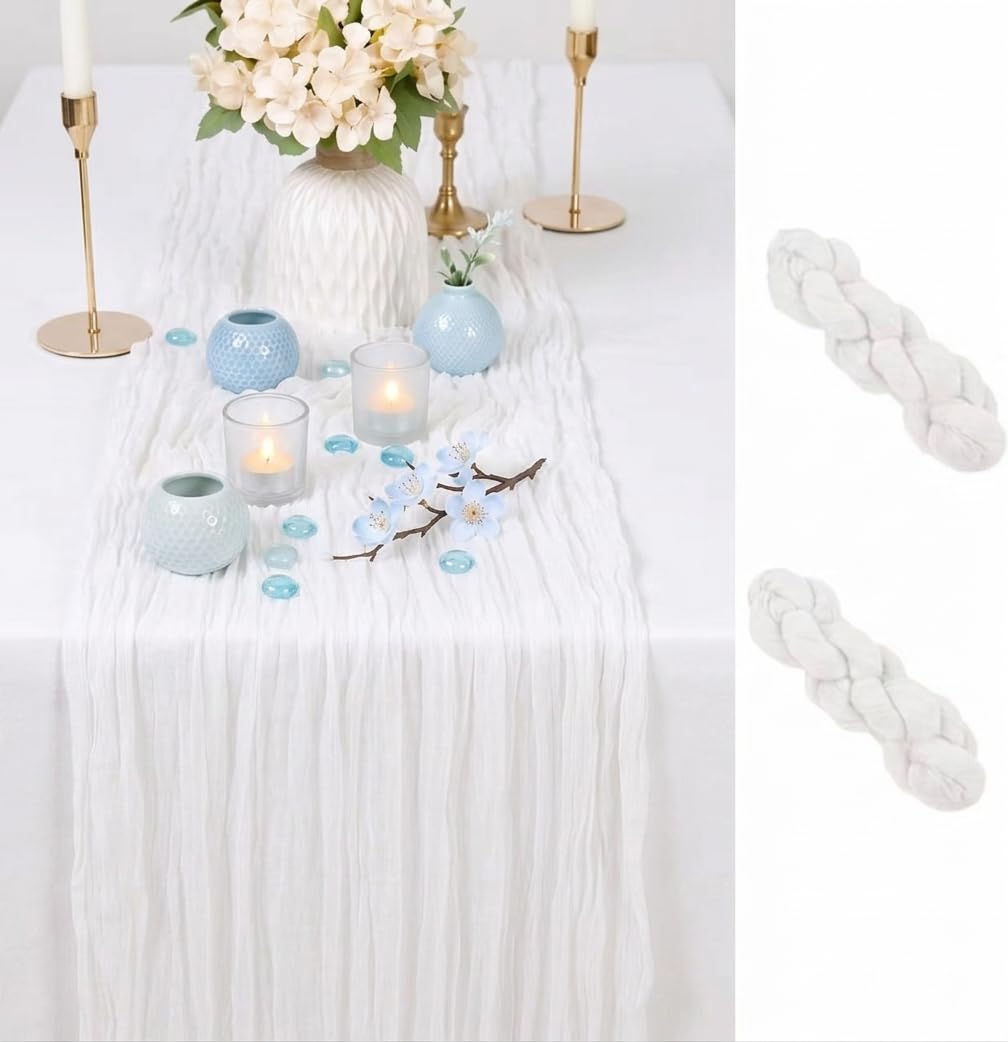 2 Pack Light Blue Cheesecloth Table Runner 17x108 Inch Boho Rustic Semi Sheer Gauze Cheese Cloth Table Runner for Wedding Bridal Shower Baby Shower Party Farmhouse Dining Table Decor