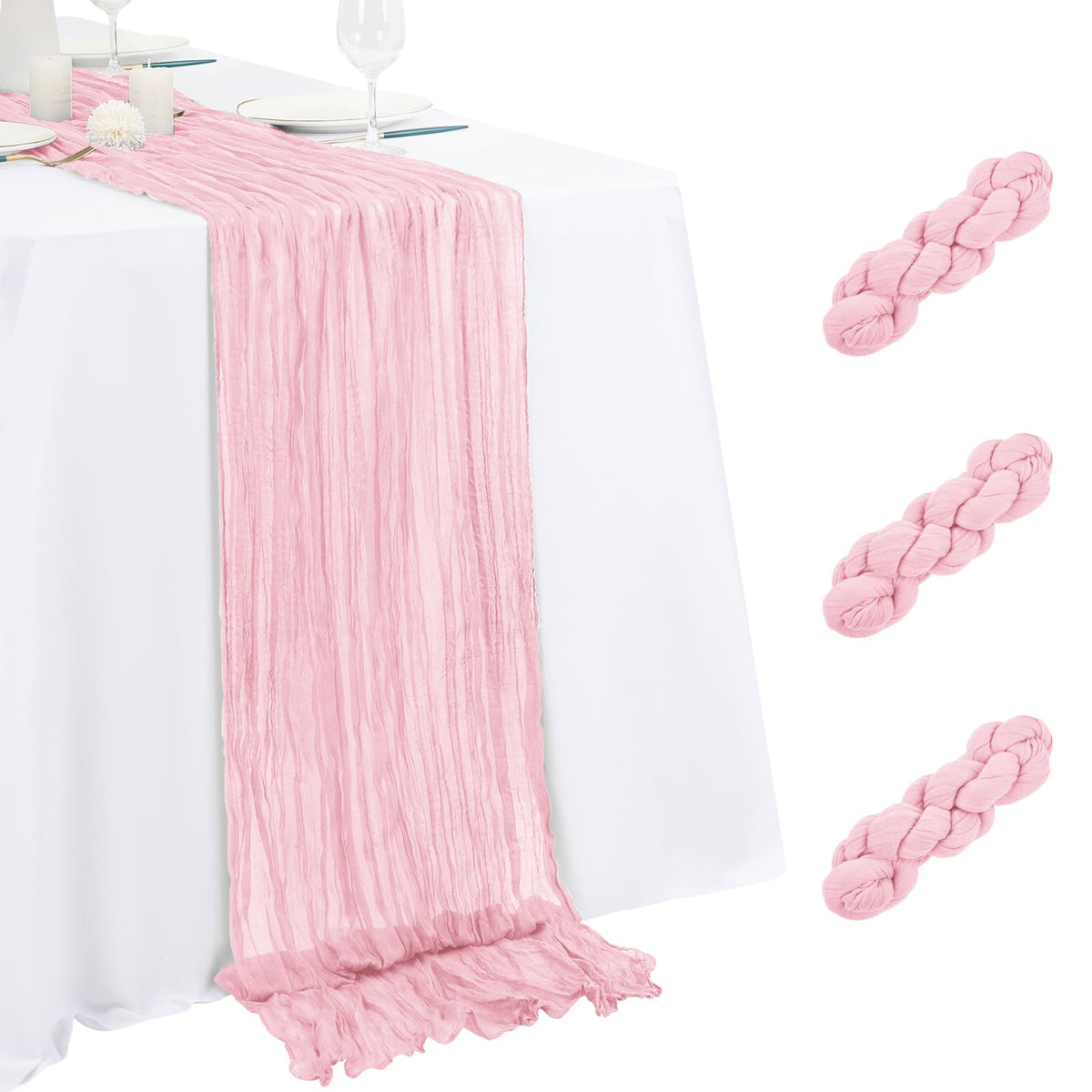 3 Pack Light Pink Table Runner 17x108 Inch Cheesecloth Table Runner Boho Gauze Table Runners Romantic Rustic Sheer Fabric Cheese Cloth Table Runners for Wedding Party Baby Shower Birthday Home Decor