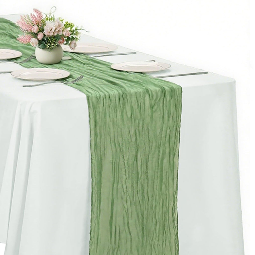 10 Pack New Sage Green Cheesecloth Table Runner -21*120Inch Long Boho Wedding Table Decor, Rustic Gauze Fabric Runner for Bridal Showers, Baby Showers & Parties (Sheer, Lightweight, Wrinkled Design)