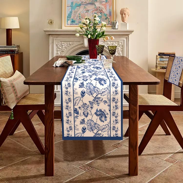 WRAPAHOLIC Blue Floral Table Runner - 13 x 72 Inch - Seasonal Spring Summer Farmhouse Indoor Kitchen Anniversary Wedding Dining Table Decorations for Home Party
