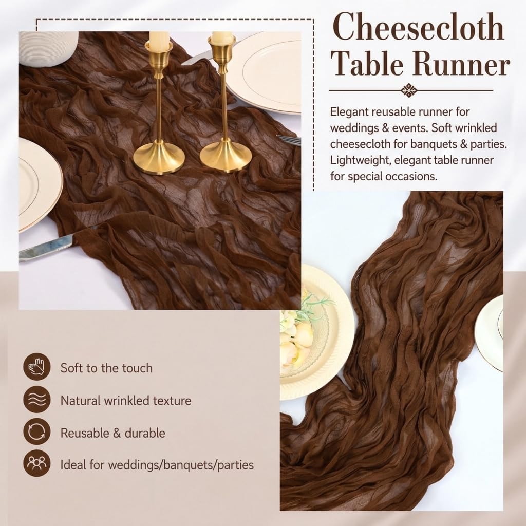 6 Pack Brown Cheesecloth Table Runner 17x108 Inch Boho Rustic Semi Sheer Gauze Cheese Cloth Table Runner for Wedding Bridal Shower Baby Shower Party Farmhouse Dining Table Decor