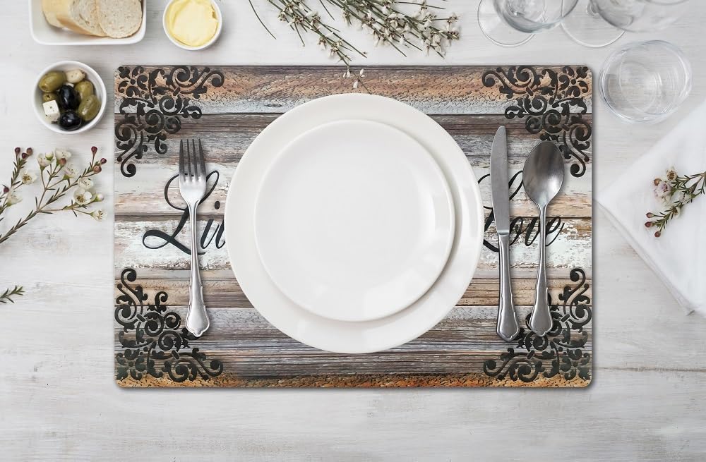 Vinyl Rectangular Placemats Set of 4 - Non Slip Place Mats Ideal for Indoor and Outdoor Dining Table - Washable and Heat Resistant Table Mat for Kitchen Tables (Live Laugh Love)