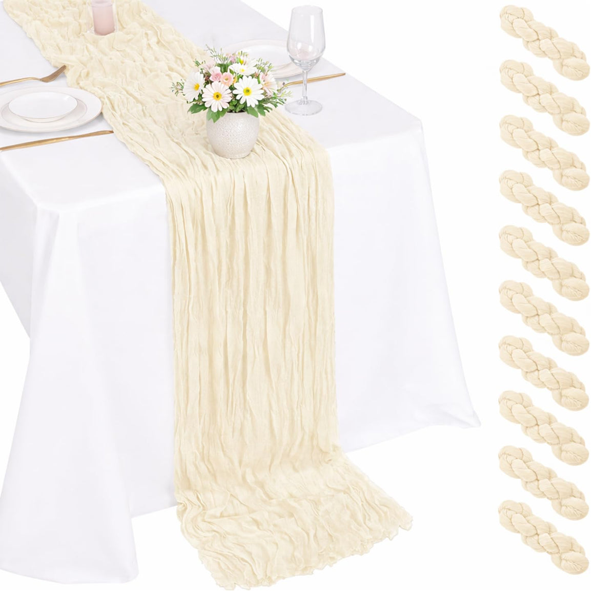 10 Pack Sage Green Cheesecloth Table Runner 22x120 Inch Boho Gauze Table Runners, Rustic Sheer Cheese Cloth Table Runners for Wedding, Baby Shower, Birthday Party, Home Decor