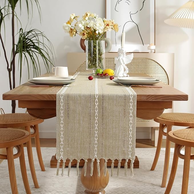 Wracra Rustic Linen Table Runner, White Table Runners 72 inches Long