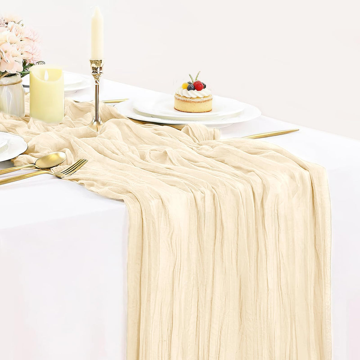 12 Pack Champagne Cheesecloth Table Runner 35x120 Inches, Summer Cheese Cloth Table Runner 10FT Boho Sheer Gauze Runner for Bridal Shower Wedding Baby Shower Party Decor