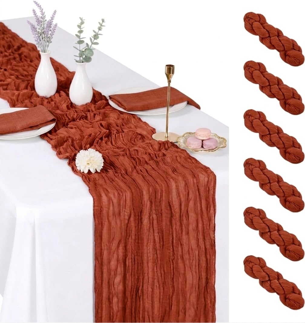 6 Pack Brown Cheesecloth Table Runner 17x108 Inch Boho Rustic Semi Sheer Gauze Cheese Cloth Table Runner for Wedding Bridal Shower Baby Shower Party Farmhouse Dining Table Decor