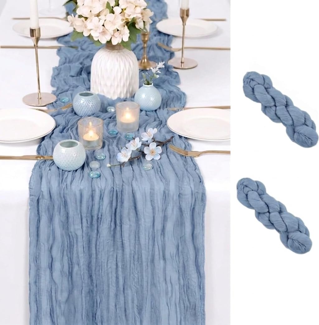 2 Pack Light Blue Cheesecloth Table Runner 17x108 Inch Boho Rustic Semi Sheer Gauze Cheese Cloth Table Runner for Wedding Bridal Shower Baby Shower Party Farmhouse Dining Table Decor