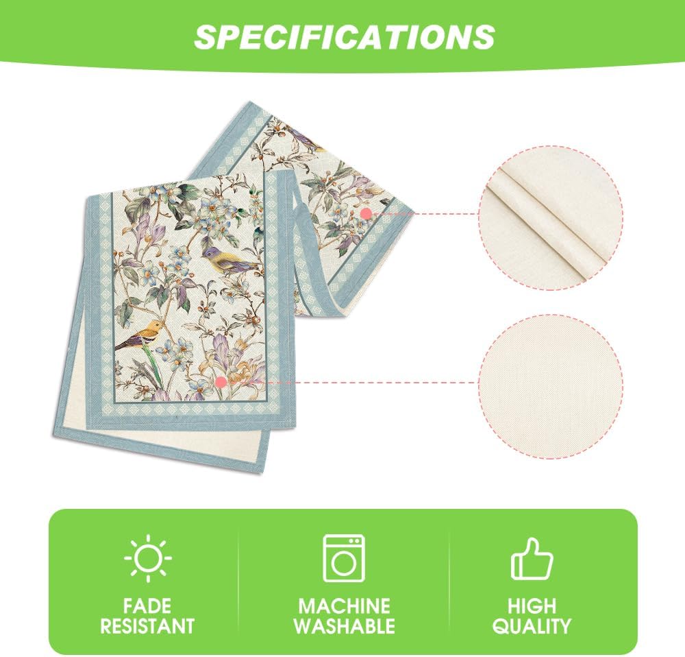 Artoid Mode Blue Birds Flowers Blossom Table Runner, Seasonal Spring Floral Kitchen Dining Table Decoration for Home Party Decor 13x72 Inch