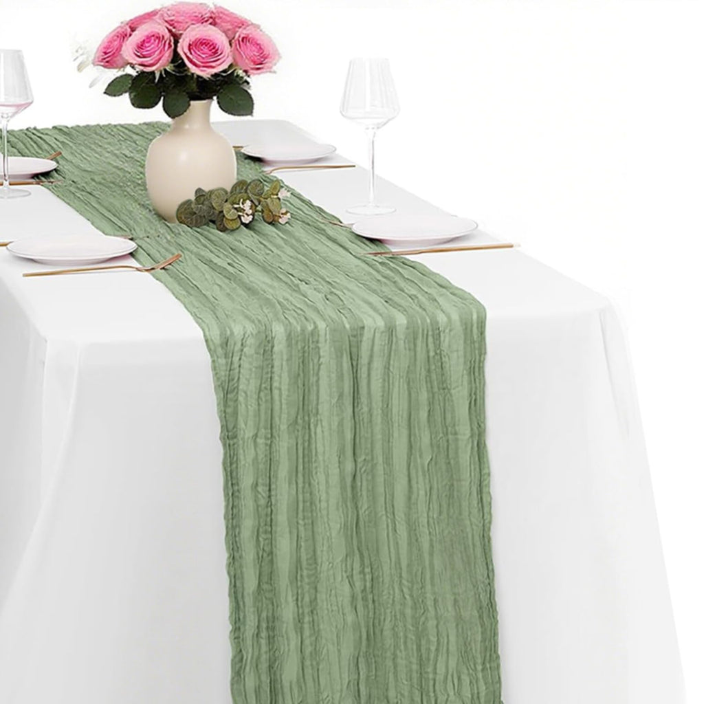 10 Pack New Sage Green Cheesecloth Table Runner -21*120Inch Long Boho Wedding Table Decor, Rustic Gauze Fabric Runner for Bridal Showers, Baby Showers & Parties (Sheer, Lightweight, Wrinkled Design)