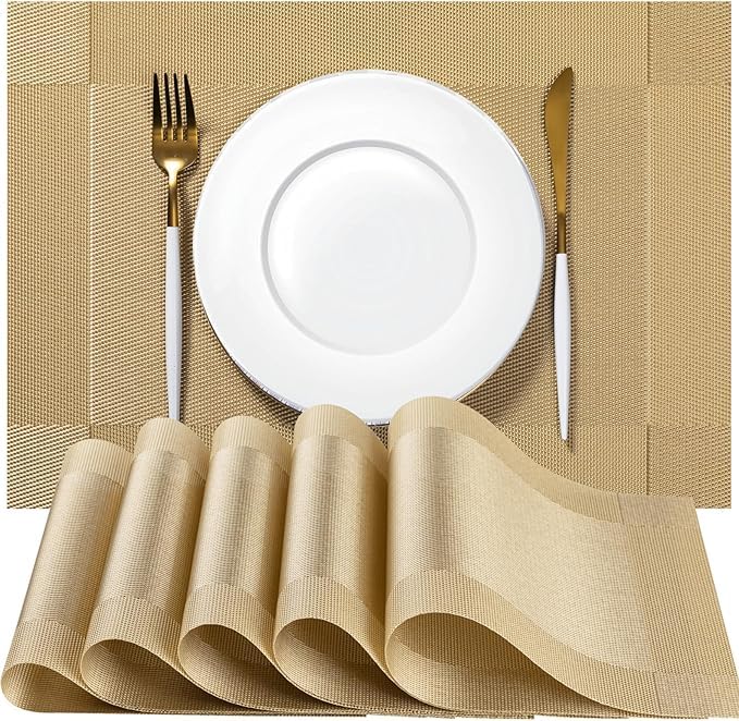 Placemats Set of 4 - Easy Clean Woven Vinyl Placemats for Dining Table, Indoor/Outdoor Place Mats, Washable PVC Table Mats（Caramel）