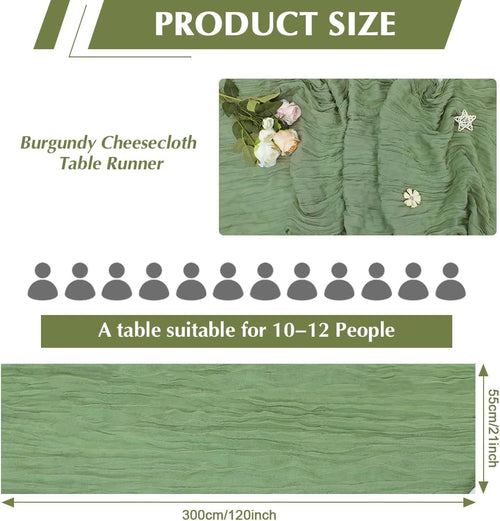 10 Pack New Sage Green Cheesecloth Table Runner -21*120Inch Long Boho Wedding Table Decor, Rustic Gauze Fabric Runner for Bridal Showers, Baby Showers & Parties (Sheer, Lightweight, Wrinkled Design)