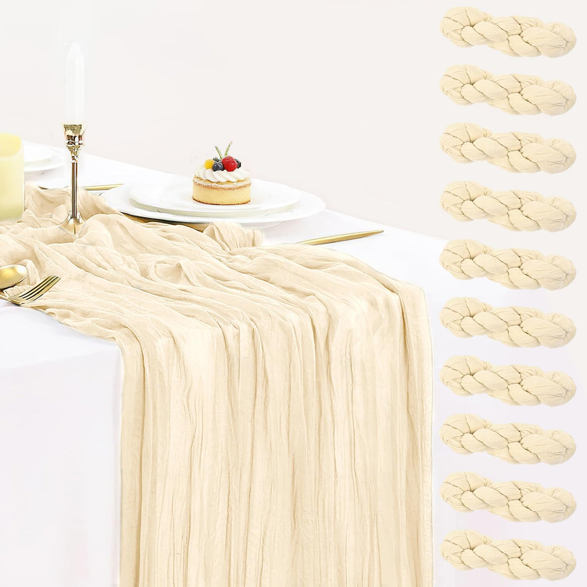 12 Pack Champagne Cheesecloth Table Runner 35x120 Inches, Summer Cheese Cloth Table Runner 10FT Boho Sheer Gauze Runner for Bridal Shower Wedding Baby Shower Party Decor