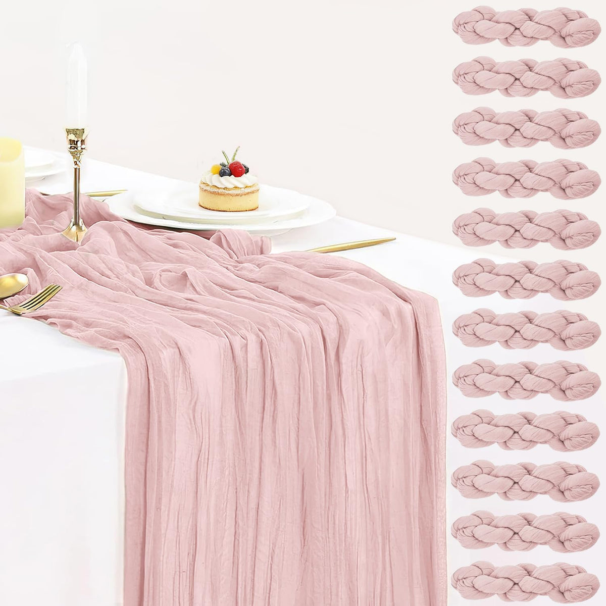 12 Pack Champagne Cheesecloth Table Runner 35x120 Inches, Summer Cheese Cloth Table Runner 10FT Boho Sheer Gauze Runner for Bridal Shower Wedding Baby Shower Party Decor