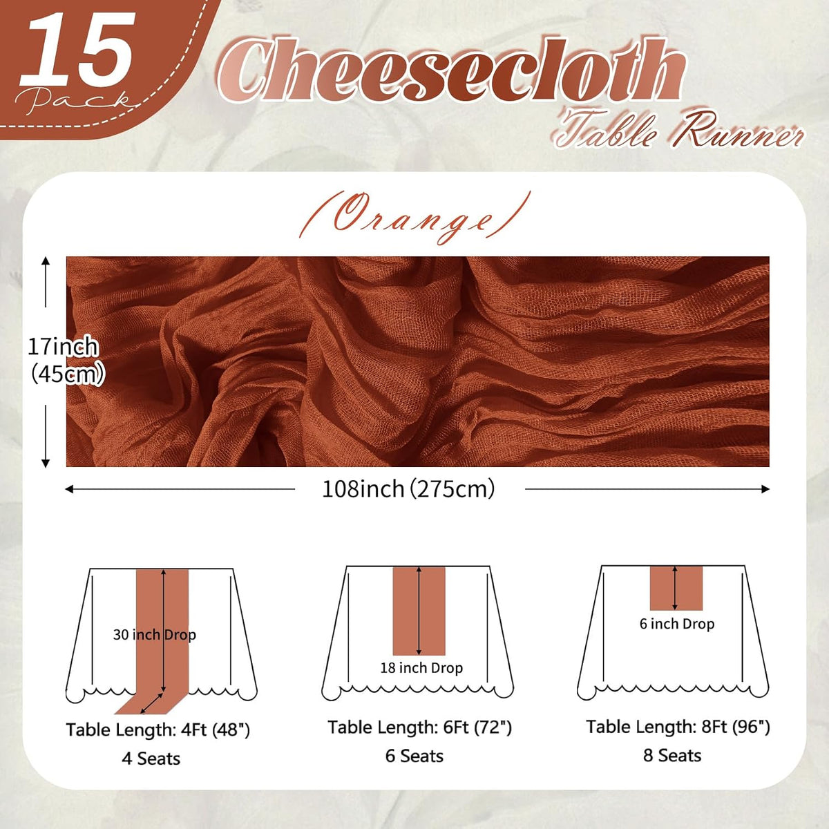 15 Pack Terracotta Cheesecloth Table Runner 17 x 108 inch Cheese Cloth Table Runners 9ft Terracotta Table Runner Rustic Romantic Sheer Gauze Runner for Wedding Party Baby Shower Table Decoration