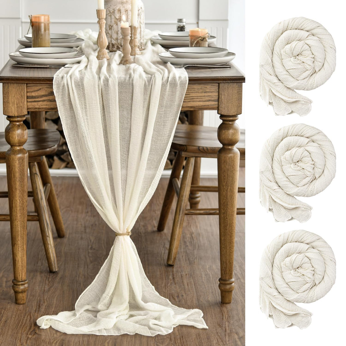 Artoid Mode Boho Forest Green 10Pcs Cheesecloth Gauze Table Runner, 120 Inch Seasonal Fabric Kitchen Dining Holiday Table Decor for Home Party Indoor