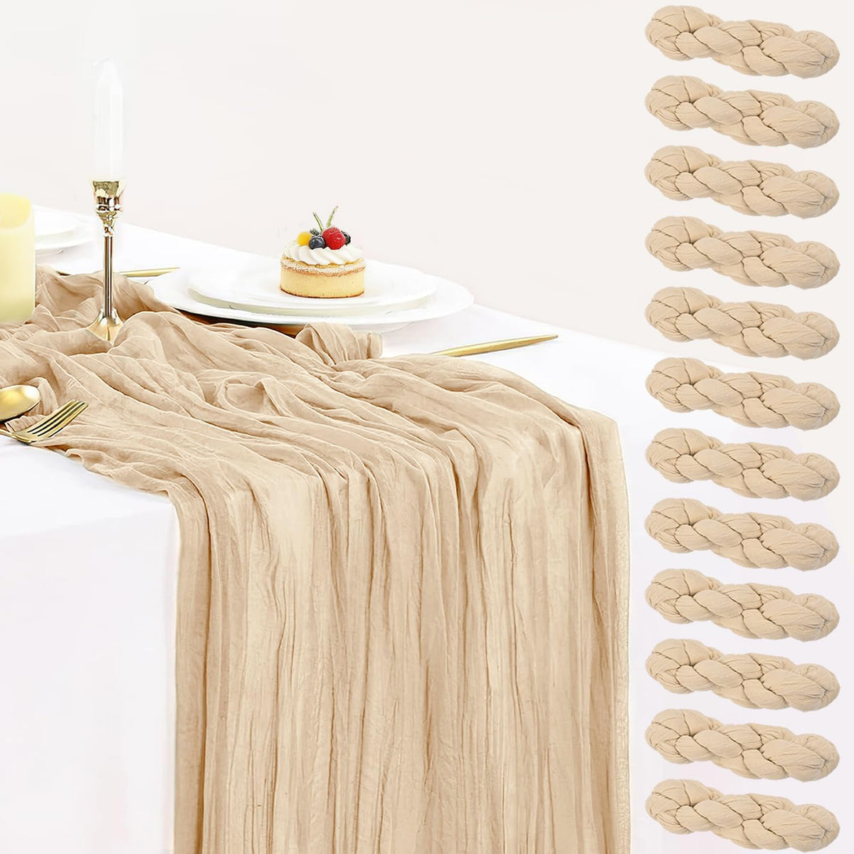 12 Pack Champagne Cheesecloth Table Runner 35x120 Inches, Summer Cheese Cloth Table Runner 10FT Boho Sheer Gauze Runner for Bridal Shower Wedding Baby Shower Party Decor