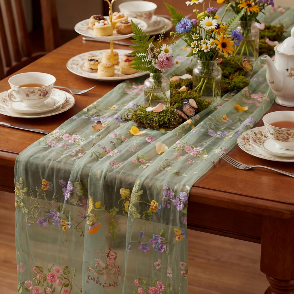 Ivory White Floral Table Runner 10ft Embroidery Tulle Wildflower