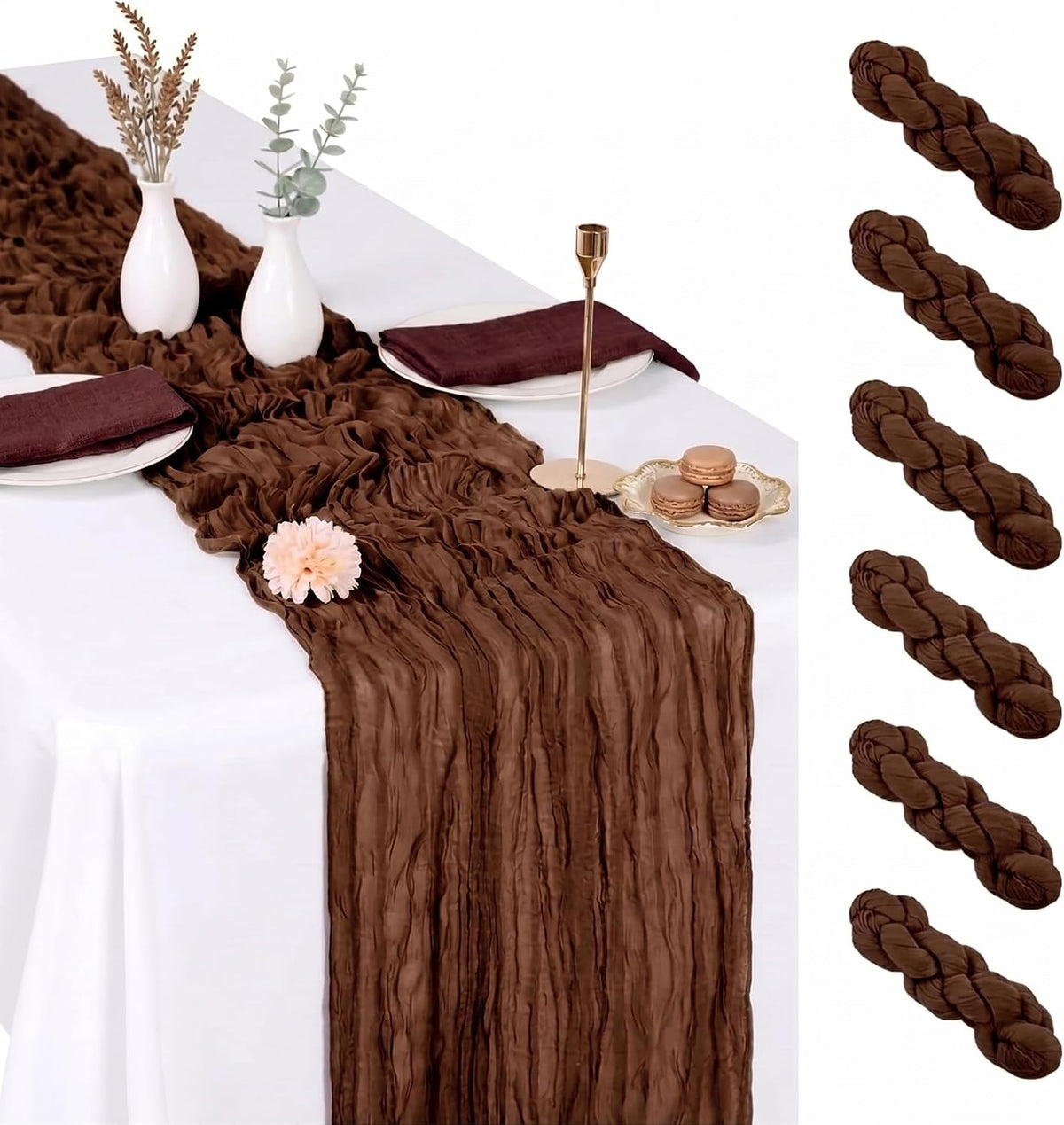 6 Pack Brown Cheesecloth Table Runner 17x108 Inch Boho Rustic Semi Sheer Gauze Cheese Cloth Table Runner for Wedding Bridal Shower Baby Shower Party Farmhouse Dining Table Decor