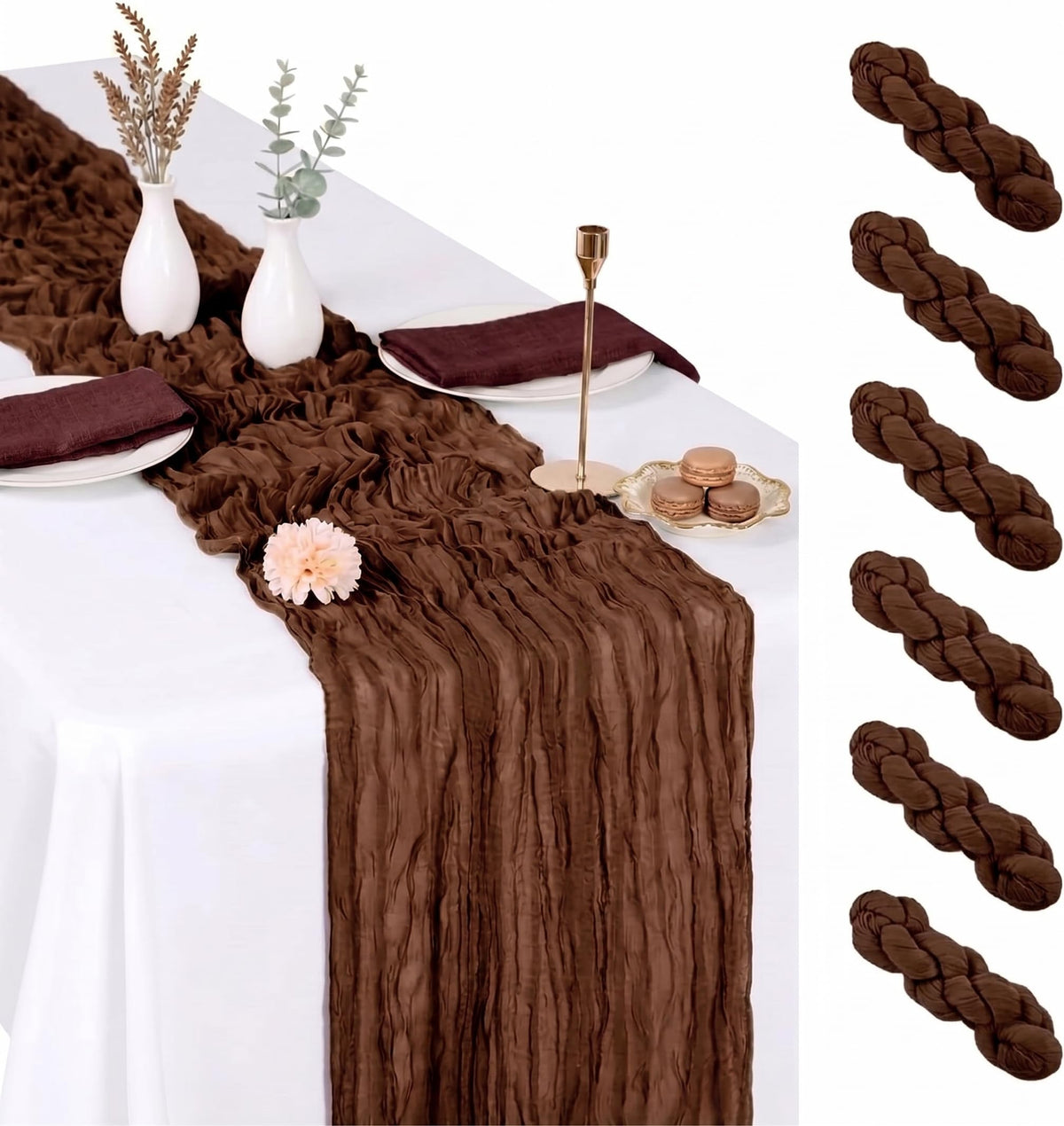 6 Pack Brown Cheesecloth Table Runner 17x108 Inch Boho Rustic Semi Sheer Gauze Cheese Cloth Table Runner for Wedding Bridal Shower Baby Shower Party Farmhouse Dining Table Decor