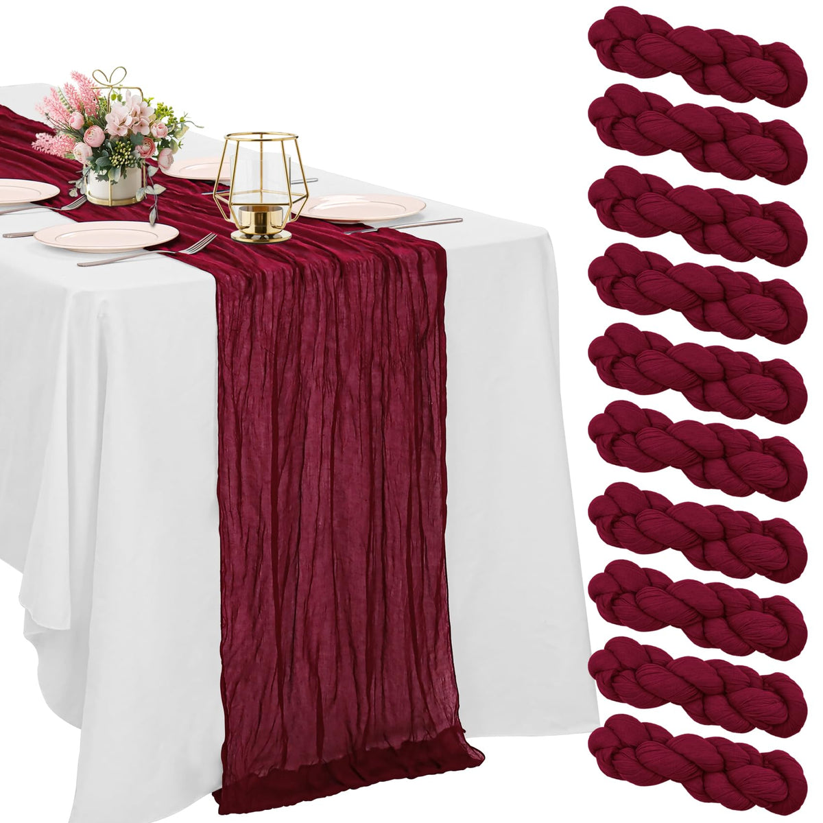 10 Pack Dusty Pink Cheesecloth Table Runner 10FT Boho Gauze Fabric Table Runner Vintage Rustic Sheer Runners for Wedding Party Bridal Baby Shower Long Table Decorations