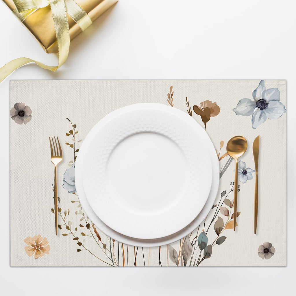 Boho Floral Placemats Set of 4, 12x18 Inch Waterproof Washable Heat Resistant Place Mats, Table Placemats for Dining Restaurant Farmhouse Decoration, Indoor Outdoor Table Decor -rc03