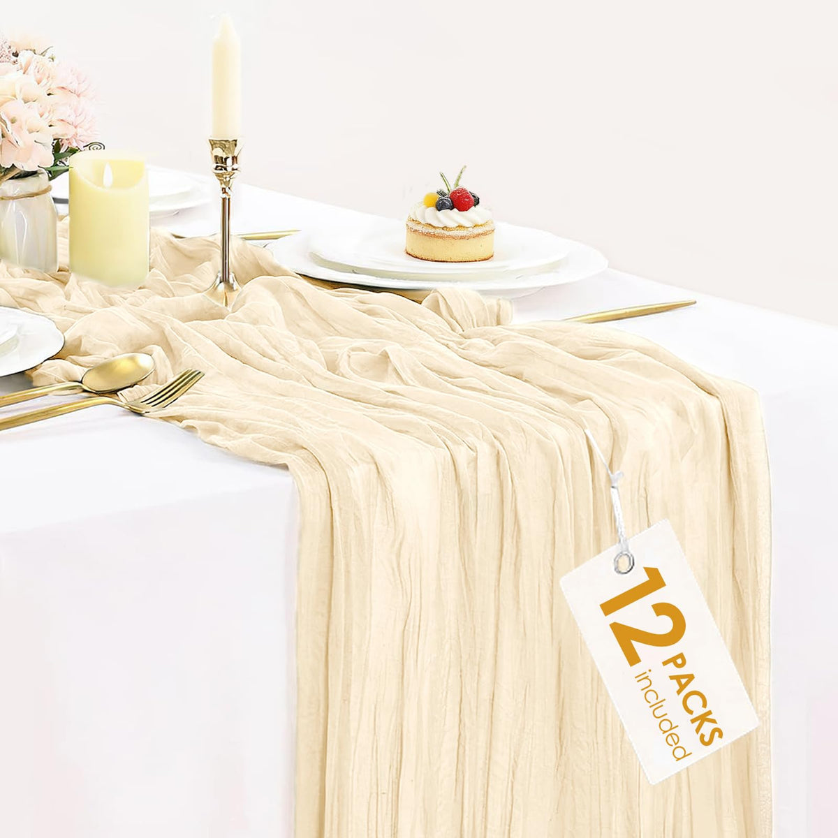 12 Pack Champagne Cheesecloth Table Runner 35x120 Inches, Summer Cheese Cloth Table Runner 10FT Boho Sheer Gauze Runner for Bridal Shower Wedding Baby Shower Party Decor