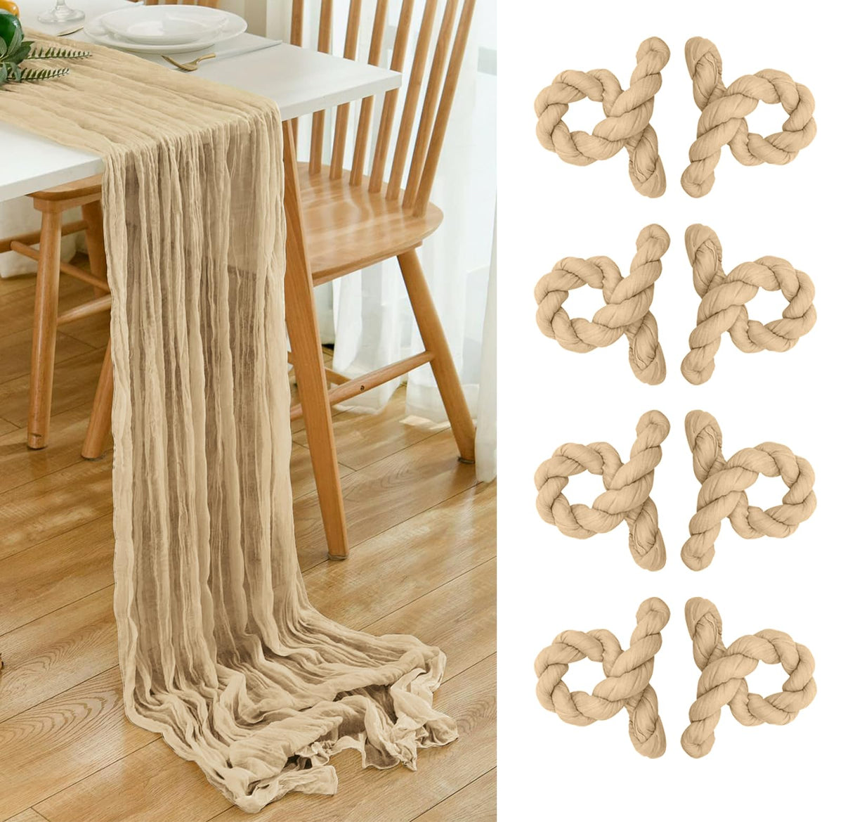 6 Pack Brown 10 Ft Cheesecloth Table Runner 20x120 Inch Boho Wrinkled Sheer Romantic Gauze Decor for Wedding, Bridal Shower, Birthday Party
