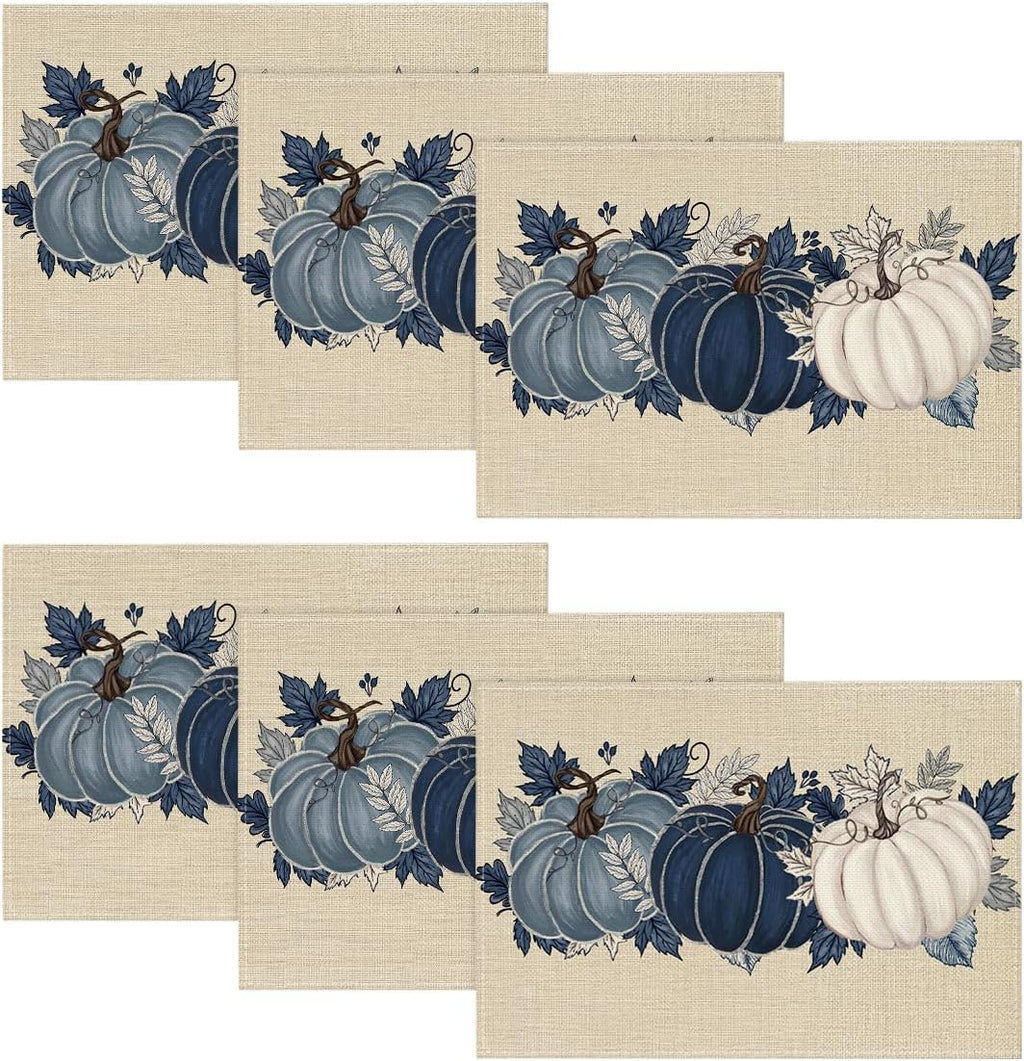 Artoid Mode Navy Blue Pumpkins Fall Placemats Set of 6-12 x 18 Inch