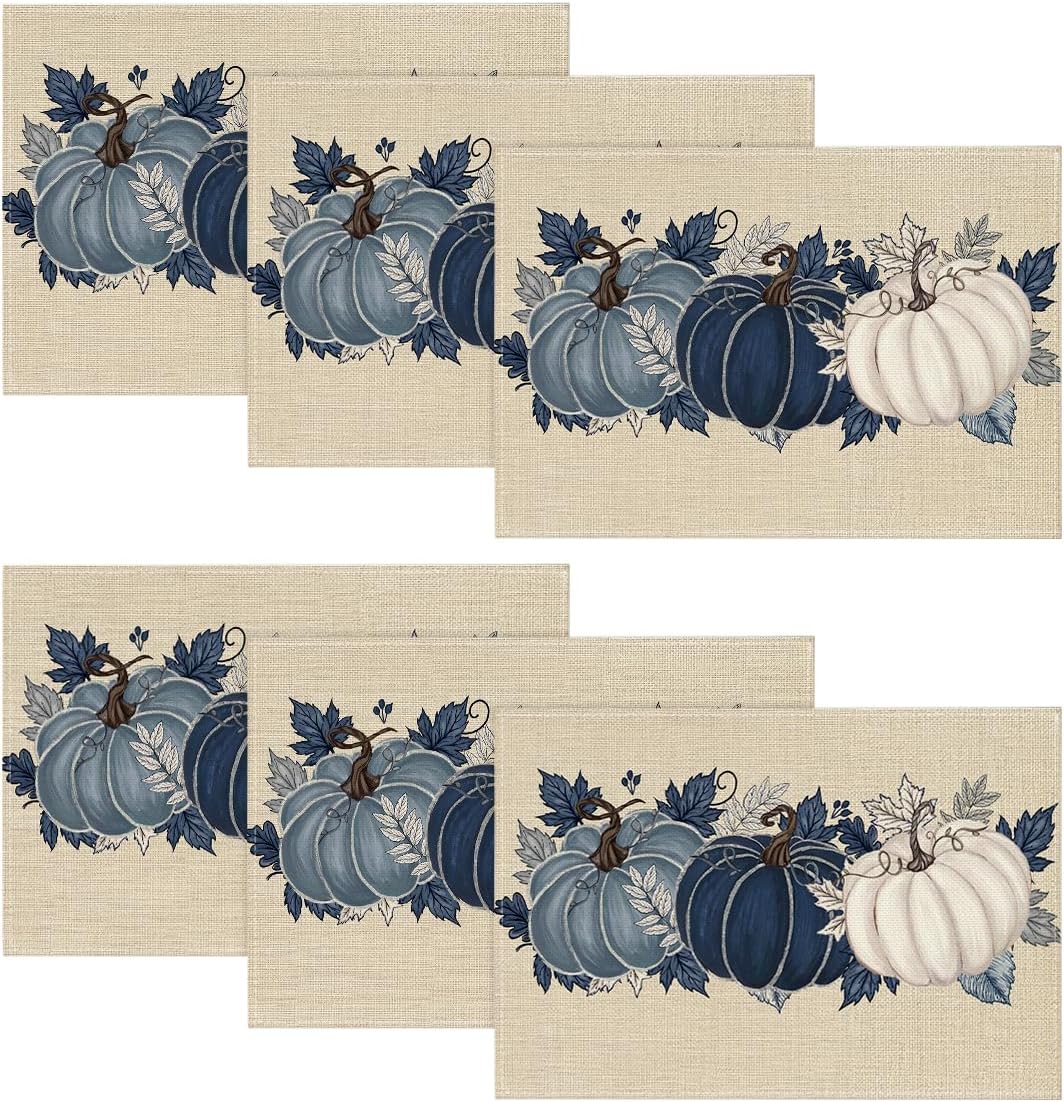 Artoid Mode Navy Blue Pumpkins Fall Placemats Set of 6-12 x 18 Inch