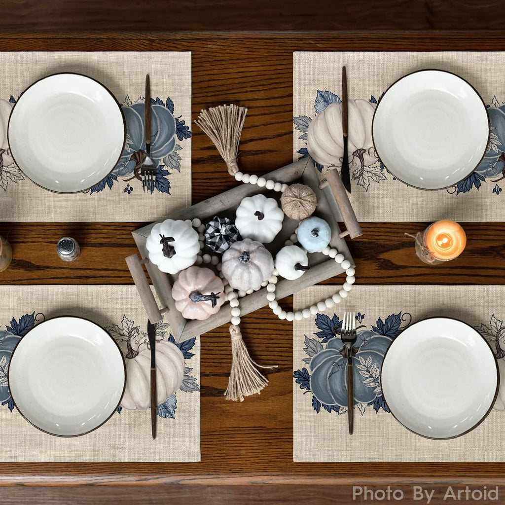 Artoid Mode Navy Blue Pumpkins Fall Placemats Set of 6-12 x 18 Inch
