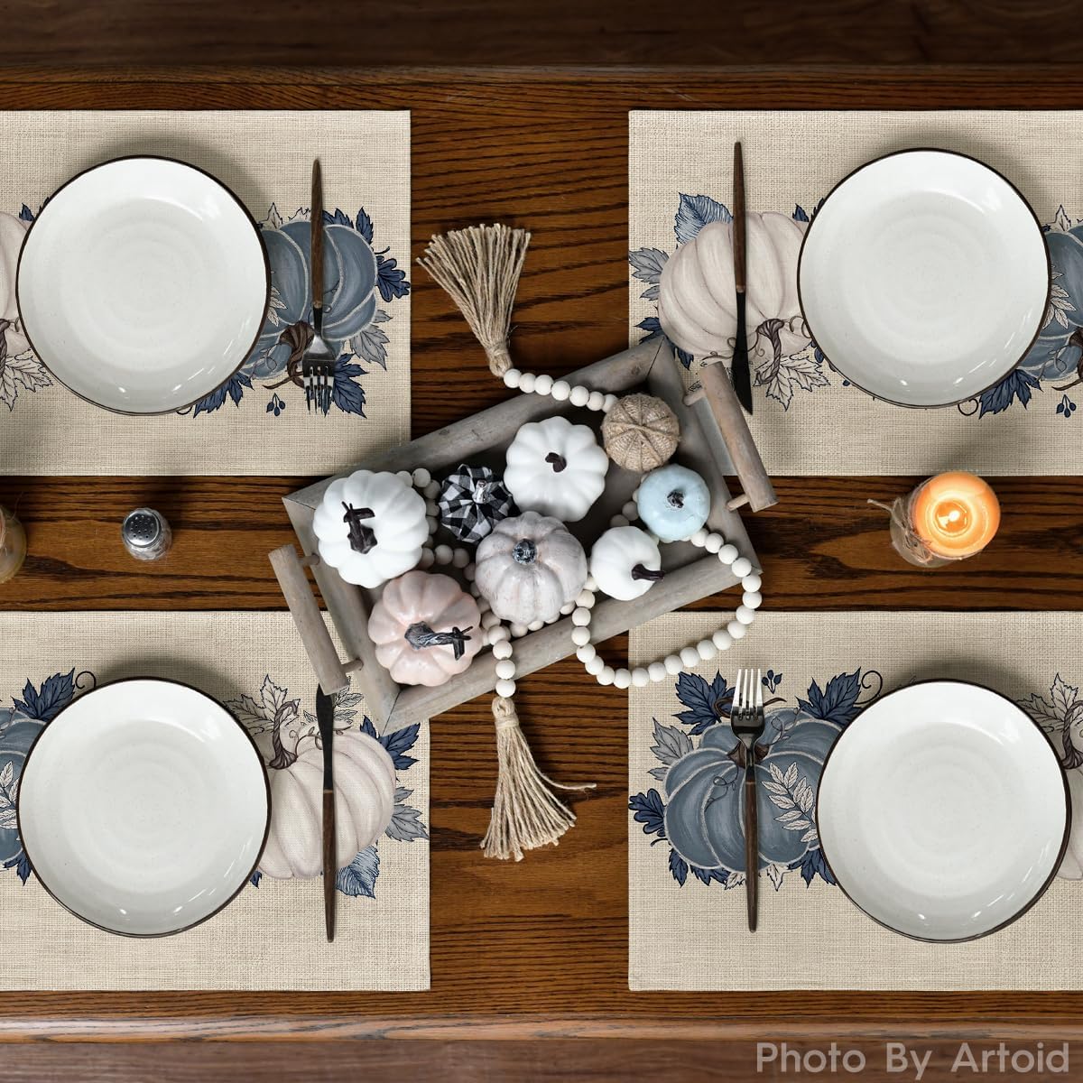 Artoid Mode Navy Blue Pumpkins Fall Placemats Set of 6-12 x 18 Inch