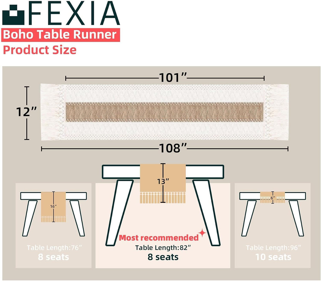 FEXIA Boho Table Runner for Fall Home Decor 12x108 Rustic with Tassels