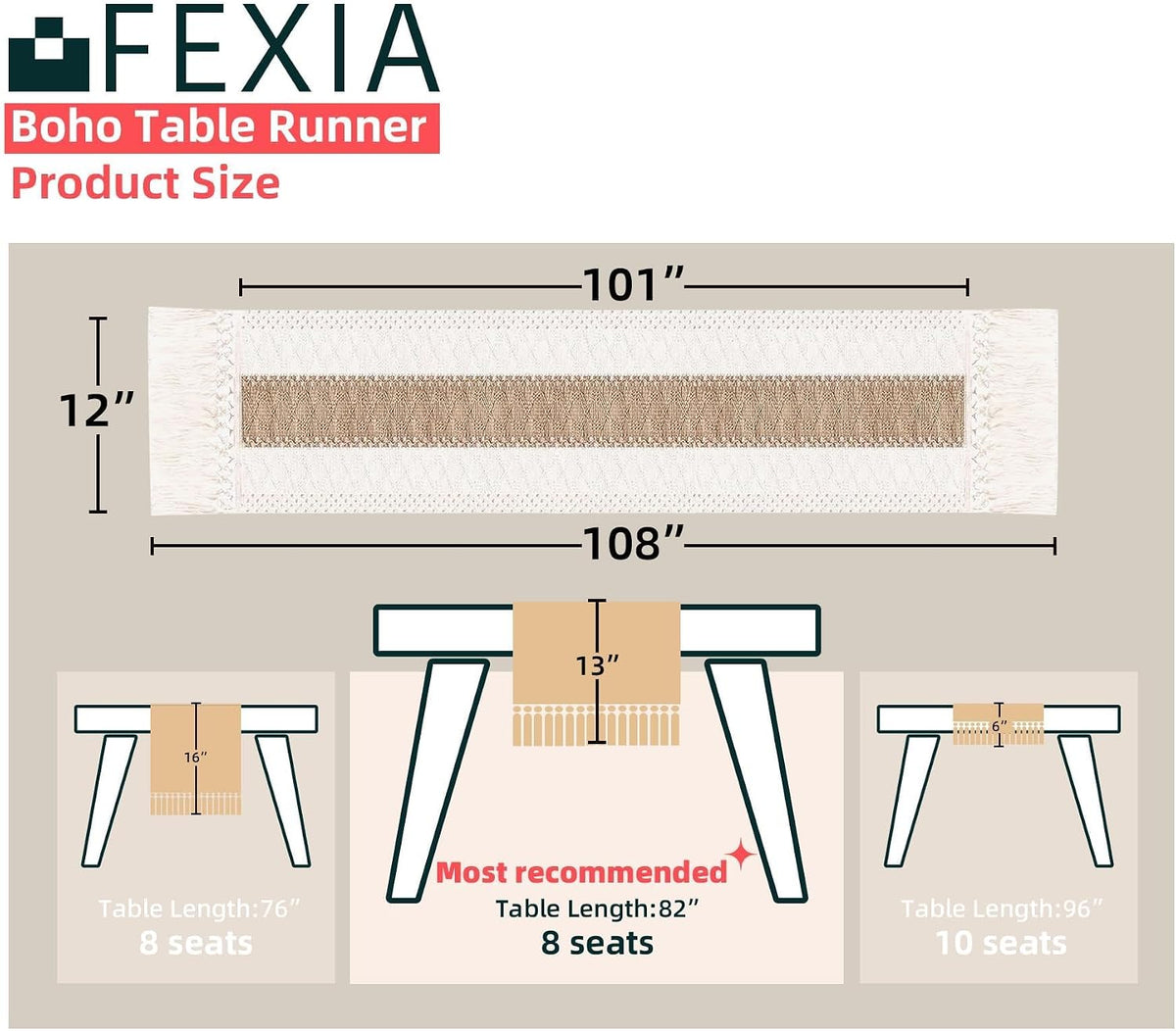 FEXIA Boho Table Runner for Fall Home Decor 12x108 Rustic with Tassels
