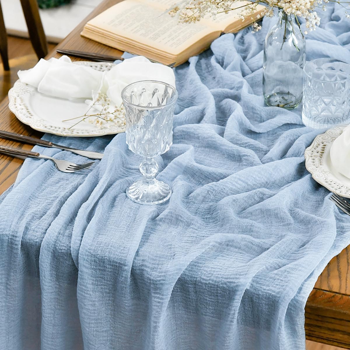 Artoid Mode Boho Forest Green 10Pcs Cheesecloth Gauze Table Runner, 120 Inch Seasonal Fabric Kitchen Dining Holiday Table Decor for Home Party Indoor