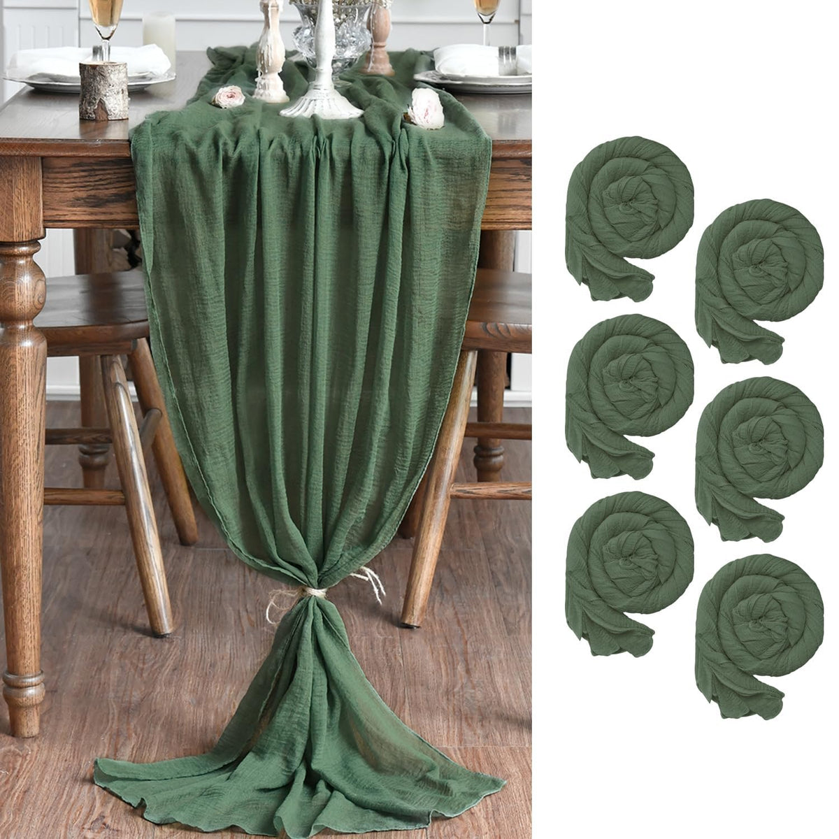 Artoid Mode Boho Forest Green 10Pcs Cheesecloth Gauze Table Runner, 120 Inch Seasonal Fabric Kitchen Dining Holiday Table Decor for Home Party Indoor