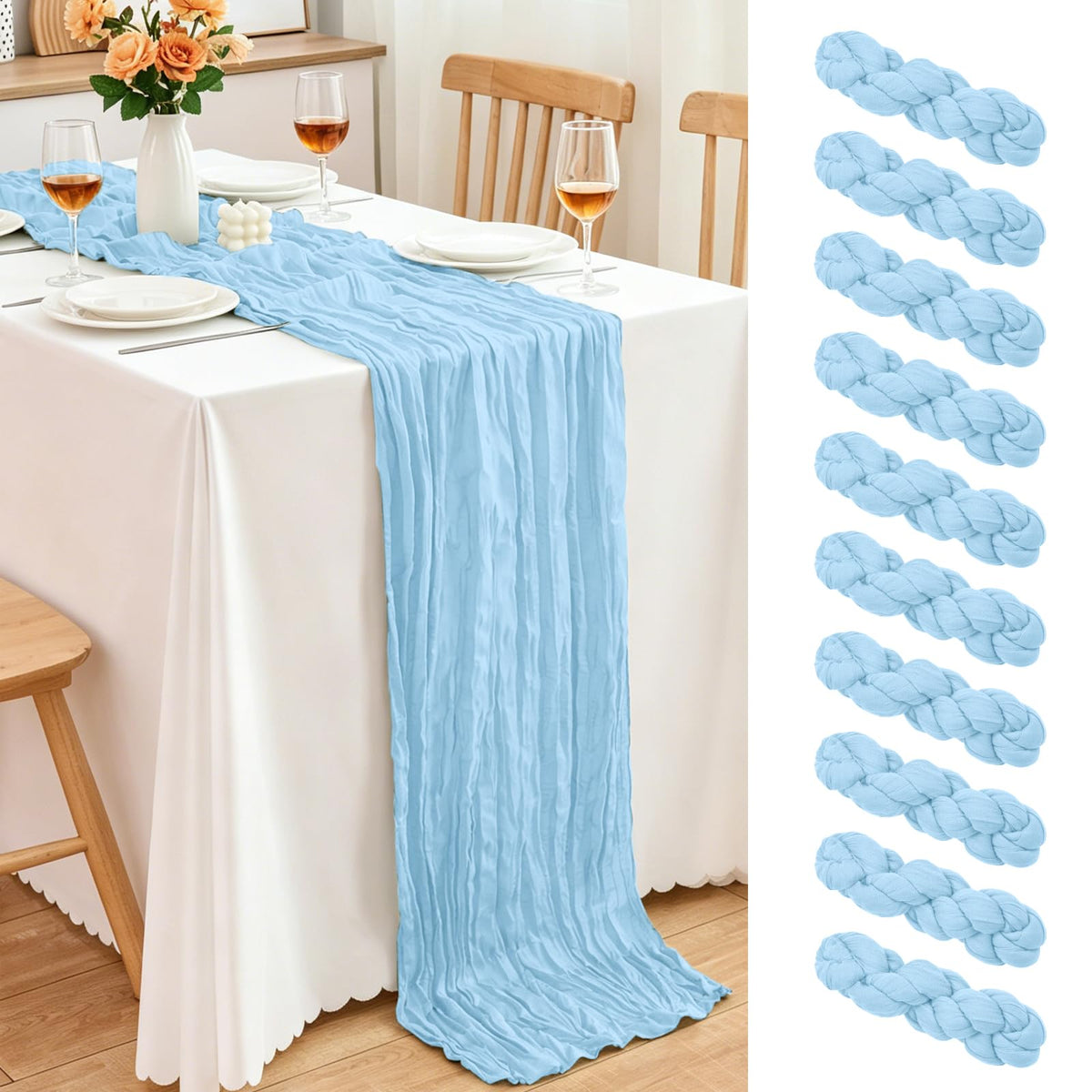 10 Pack Dusty Blue Cheesecloth Table Runner, 17x108 Inch Semi Sheer Boho Gauze Cheese Cloth Fabric Table Runners for Wedding Party Baby Shower Birthday Garden Farmhouse Table Decor
