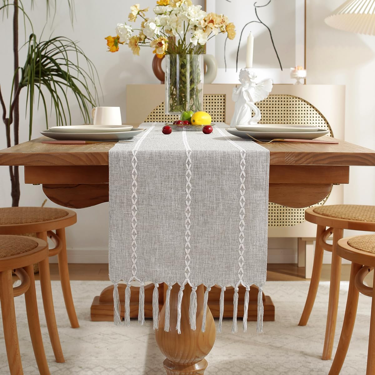 Wracra Rustic Linen Table Runner, White Table Runners 72 inches Long
