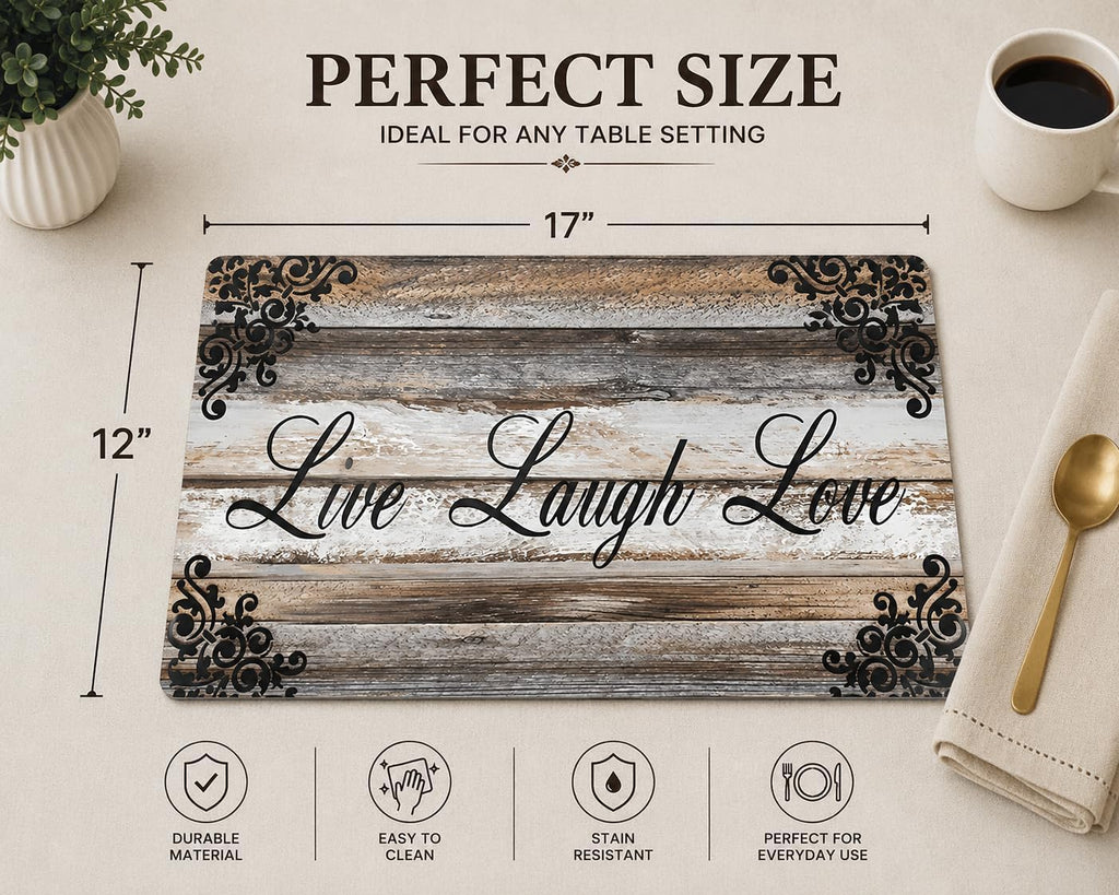 Vinyl Rectangular Placemats Set of 4 - Non Slip Place Mats Ideal for Indoor and Outdoor Dining Table - Washable and Heat Resistant Table Mat for Kitchen Tables (Live Laugh Love)