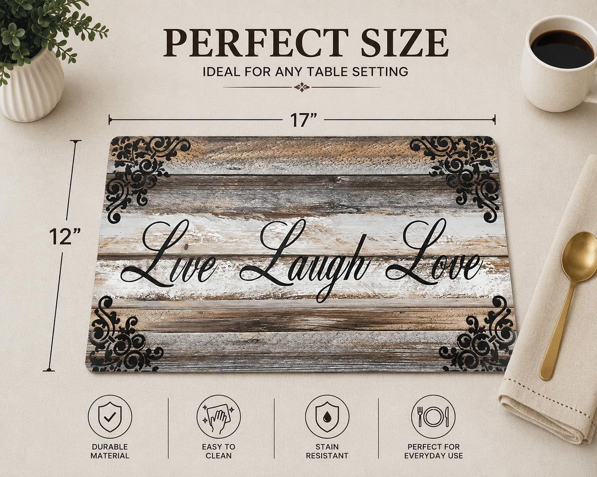 Vinyl Rectangular Placemats Set of 4 - Non Slip Place Mats Ideal for Indoor and Outdoor Dining Table - Washable and Heat Resistant Table Mat for Kitchen Tables (Live Laugh Love)