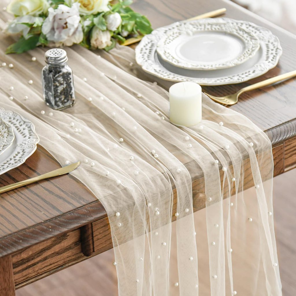 Artoid Mode 6-Pack Pearl Beige Gauze Table Runner 10FT Home Decor