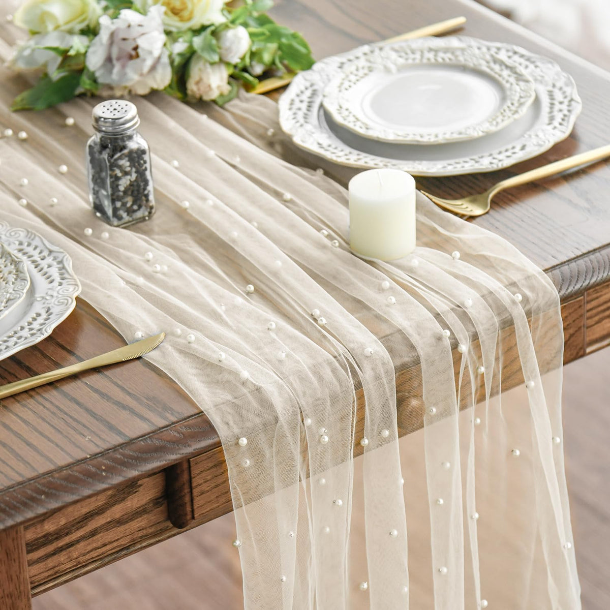 Artoid Mode 6-Pack Pearl Beige Gauze Table Runner 10FT Home Decor