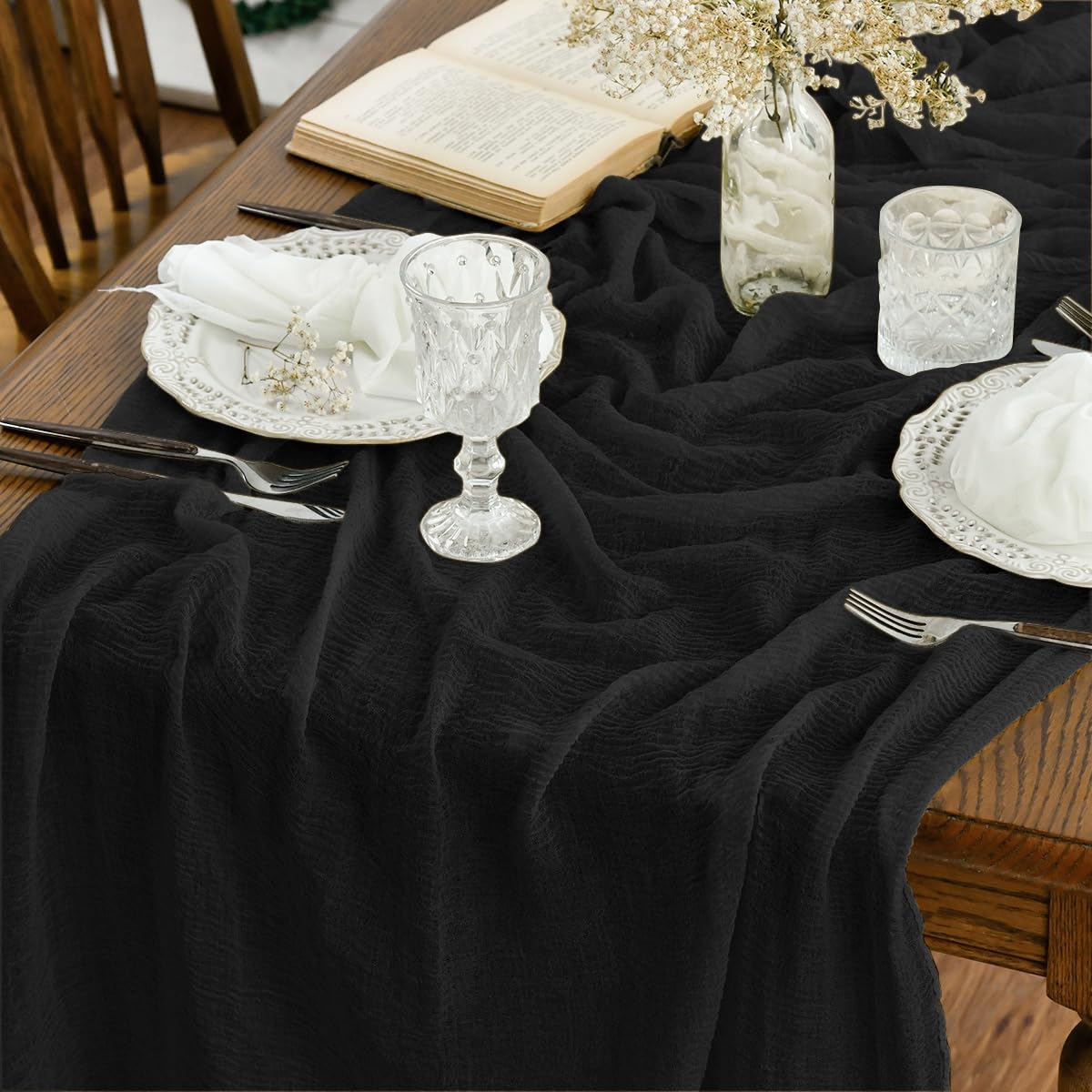 Artoid Mode Boho Forest Green 10Pcs Cheesecloth Gauze Table Runner, 120 Inch Seasonal Fabric Kitchen Dining Holiday Table Decor for Home Party Indoor
