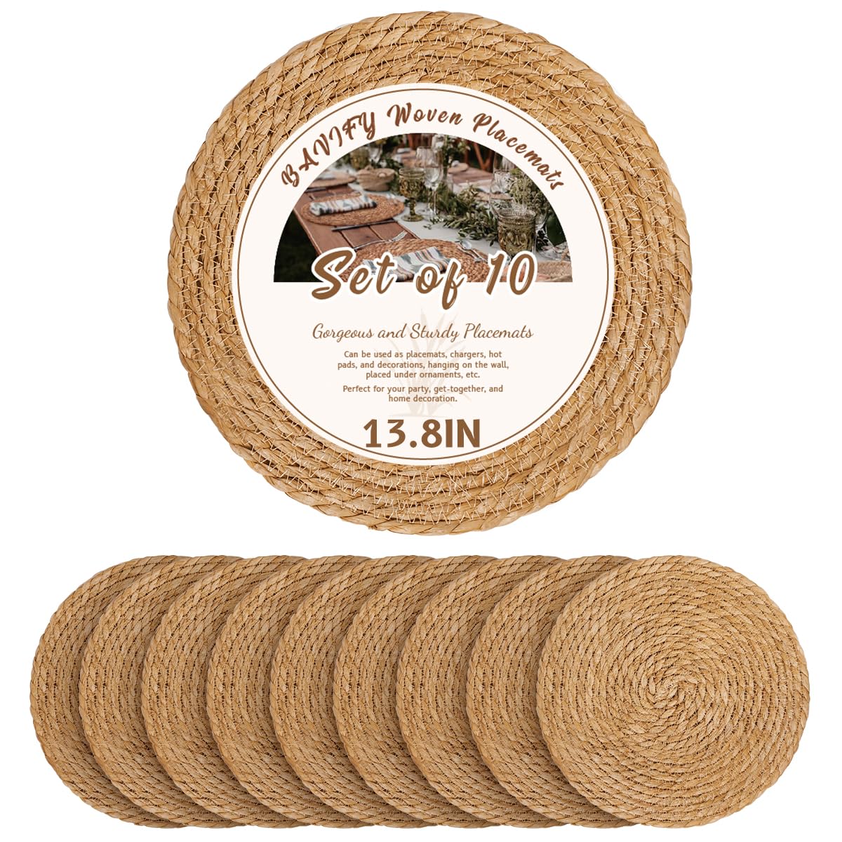 BAVIFY 13" Round Woven Placemats Set of 10, Plate Chargers for Dining Table