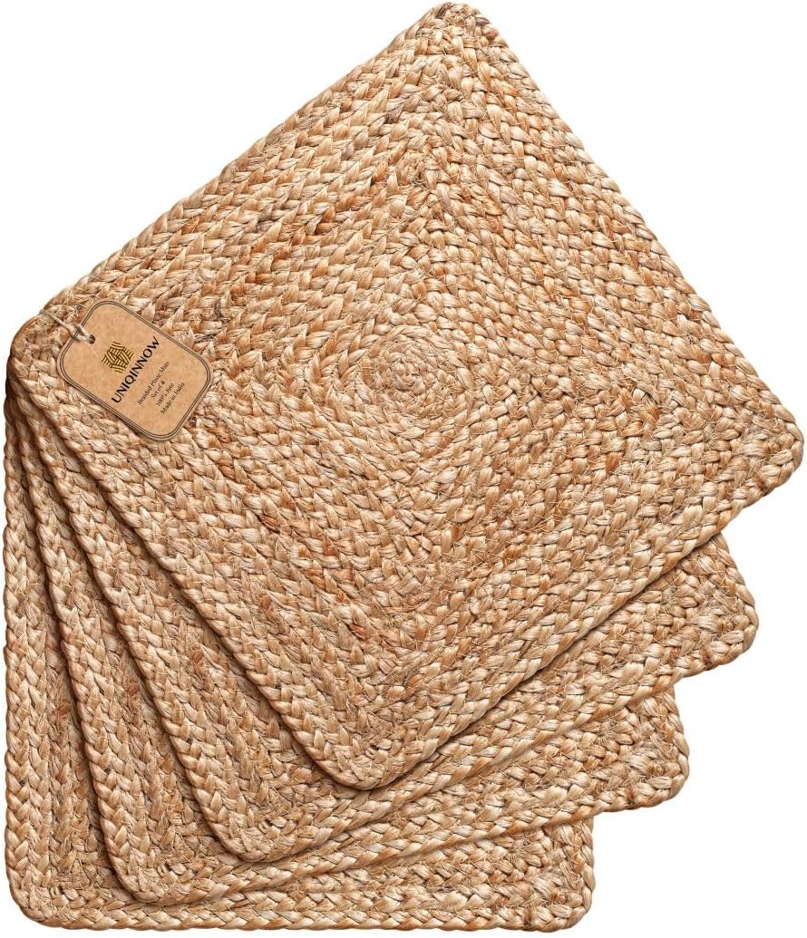 Jute Braided Placemats Set of 4 Reversible, 100% Jute, Nonslip 14x14 inch Square Farmhouse Vintage Jute Placemats for Dining Table, Perfect for Indoor Outdoor, Natural