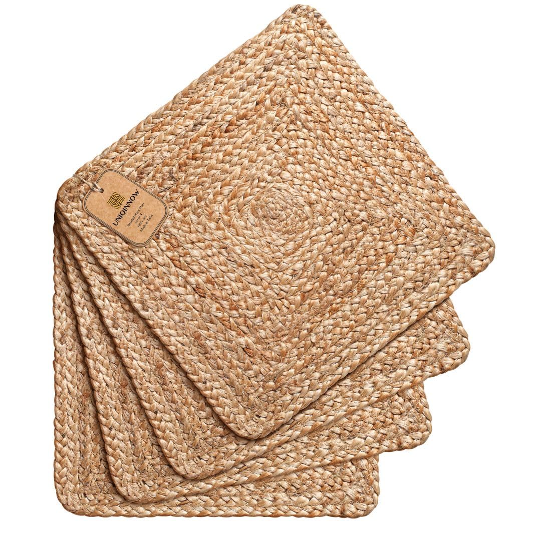 Jute Braided Placemats Set of 4 Reversible, 100% Jute, Nonslip 14x14 inch Square Farmhouse Vintage Jute Placemats for Dining Table, Perfect for Indoor Outdoor, Natural
