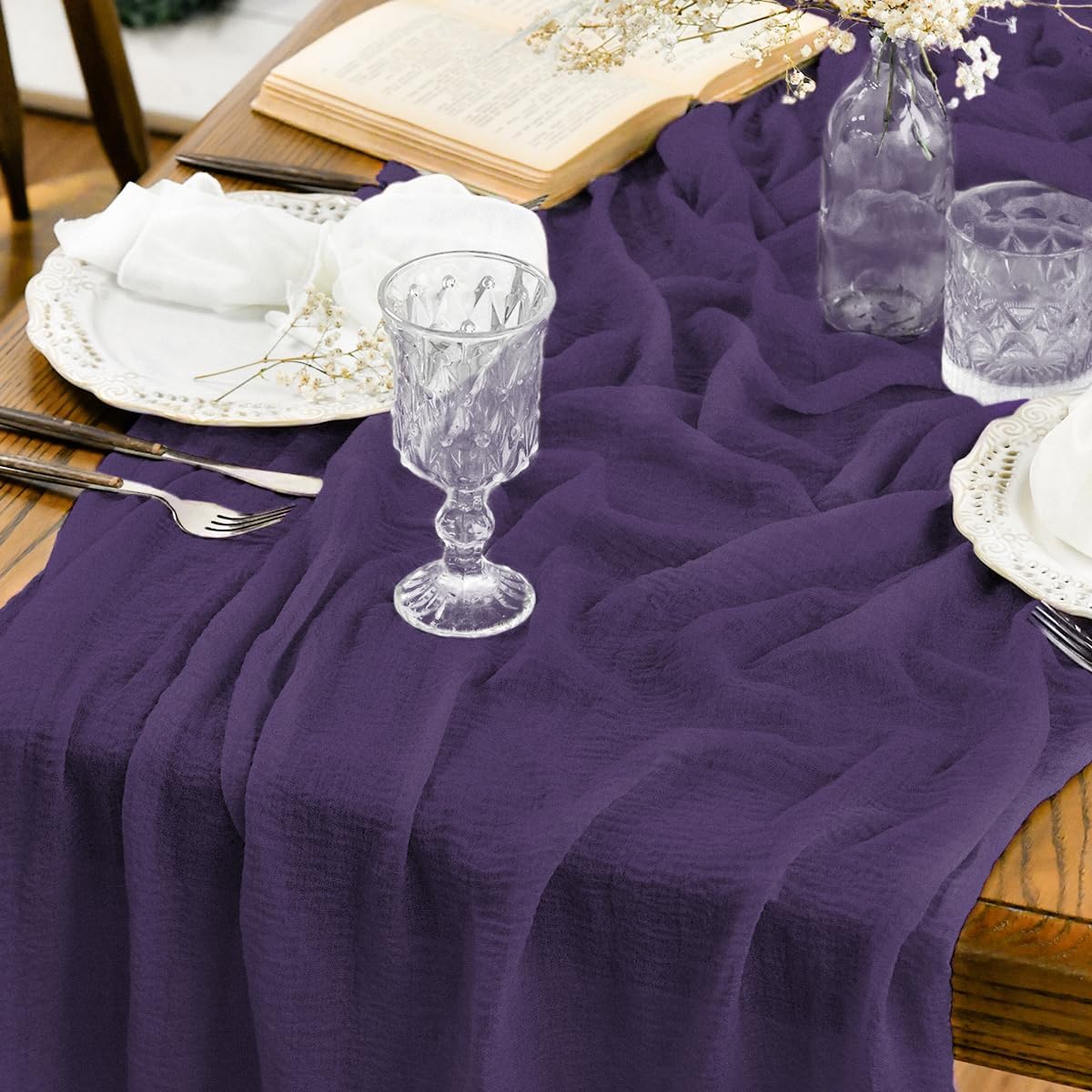 Artoid Mode Boho Forest Green 10Pcs Cheesecloth Gauze Table Runner, 120 Inch Seasonal Fabric Kitchen Dining Holiday Table Decor for Home Party Indoor