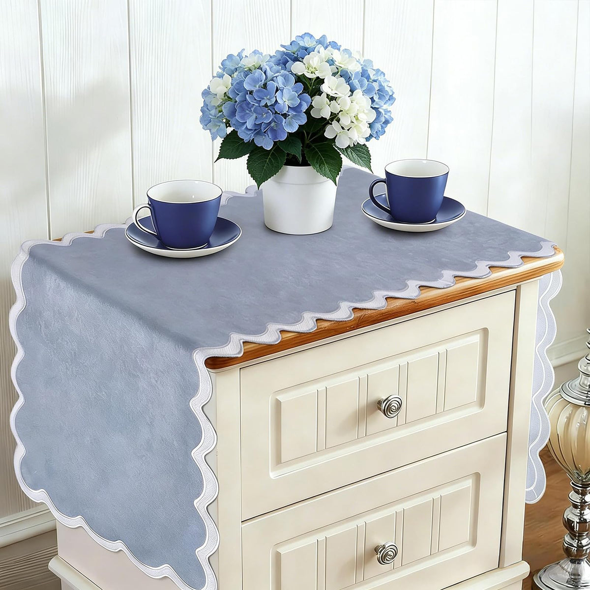yuboo Dusty Blue Table Runner 15x70 inches, Boho Scalloped Table Runner, Rustic Farmhouse Dresser Runners for Bedroom, Dining Table, Coffee Table, Spring Summer Blue Coastal Grandmillennial Home Decor