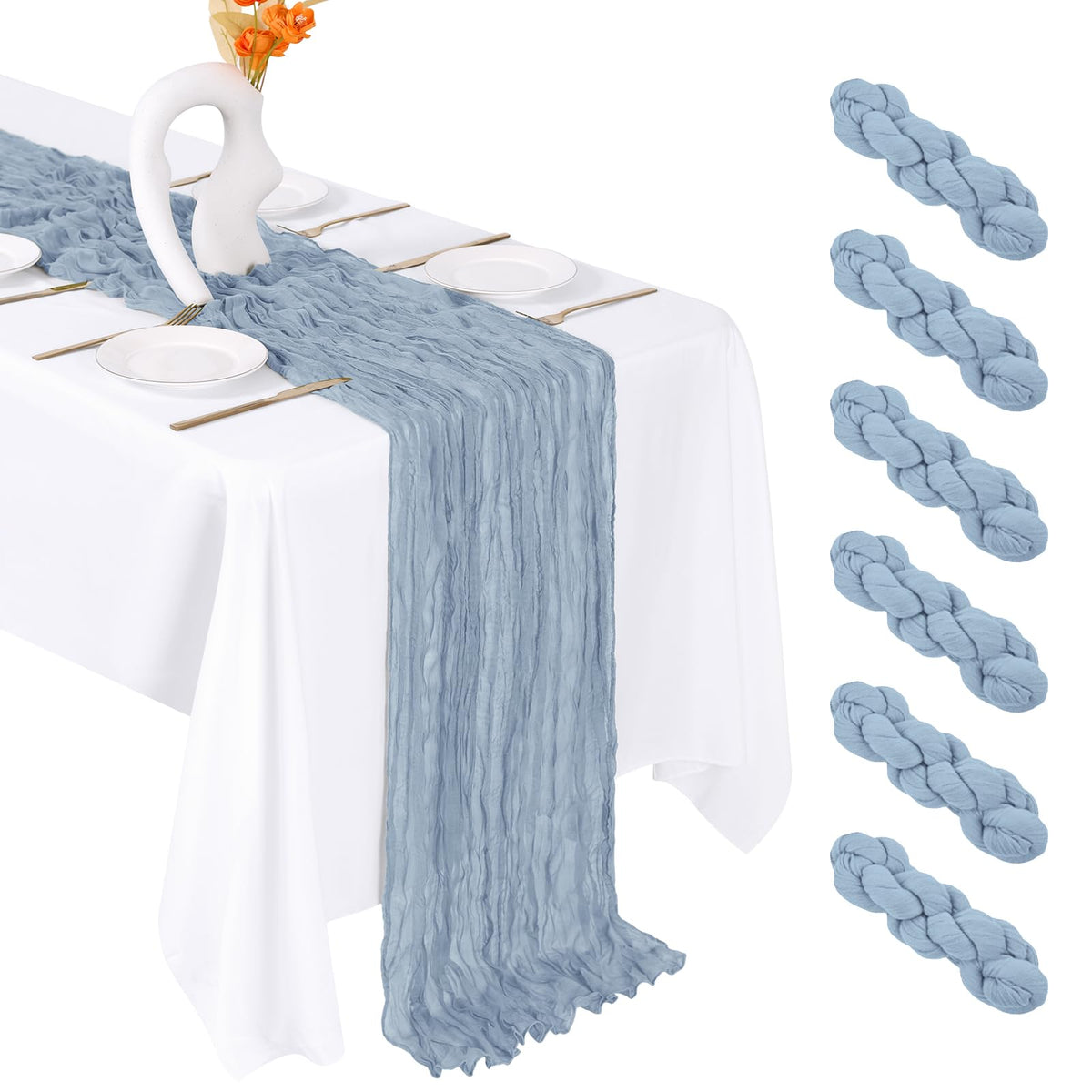 6 Pack Baby Blue Cheesecloth Table Runner 20 x 120 Inch Gauze Table Runner Fabric Semi Sheer Cheese Cloth Table Decor Bulk for Rustic Romantic Wedding Baby Shower Party Table Decoration
