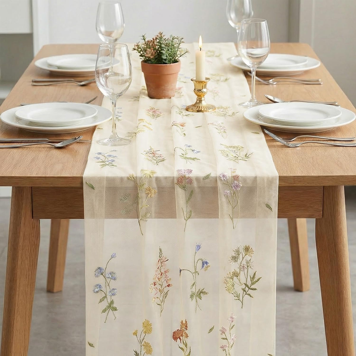 Artoid Mode Floral Apricot Gauze Embroidery Table Runner 120 Inch 10FT