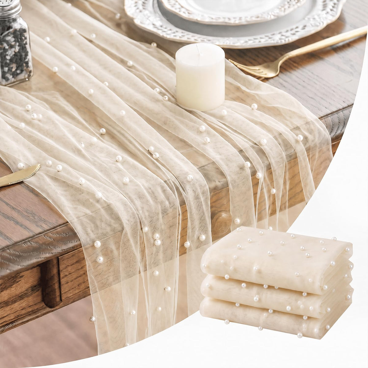 Artoid Mode 6-Pack Pearl Beige Gauze Table Runner 10FT Home Decor